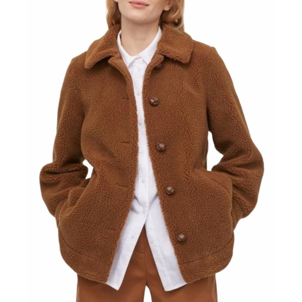 NWOT H&M Pile Teddy Bear Sherpa Camel Tan Button Down Jacket Size 10‎